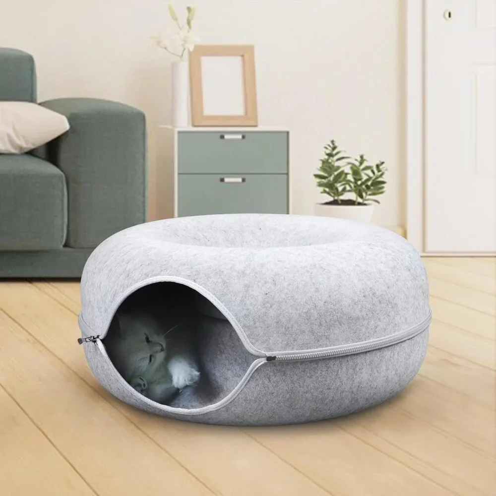 RIZZARI 24 X 24 X 11 Inches Large Cat Tunnel Bed, Peekaboo Cat Cave PINK